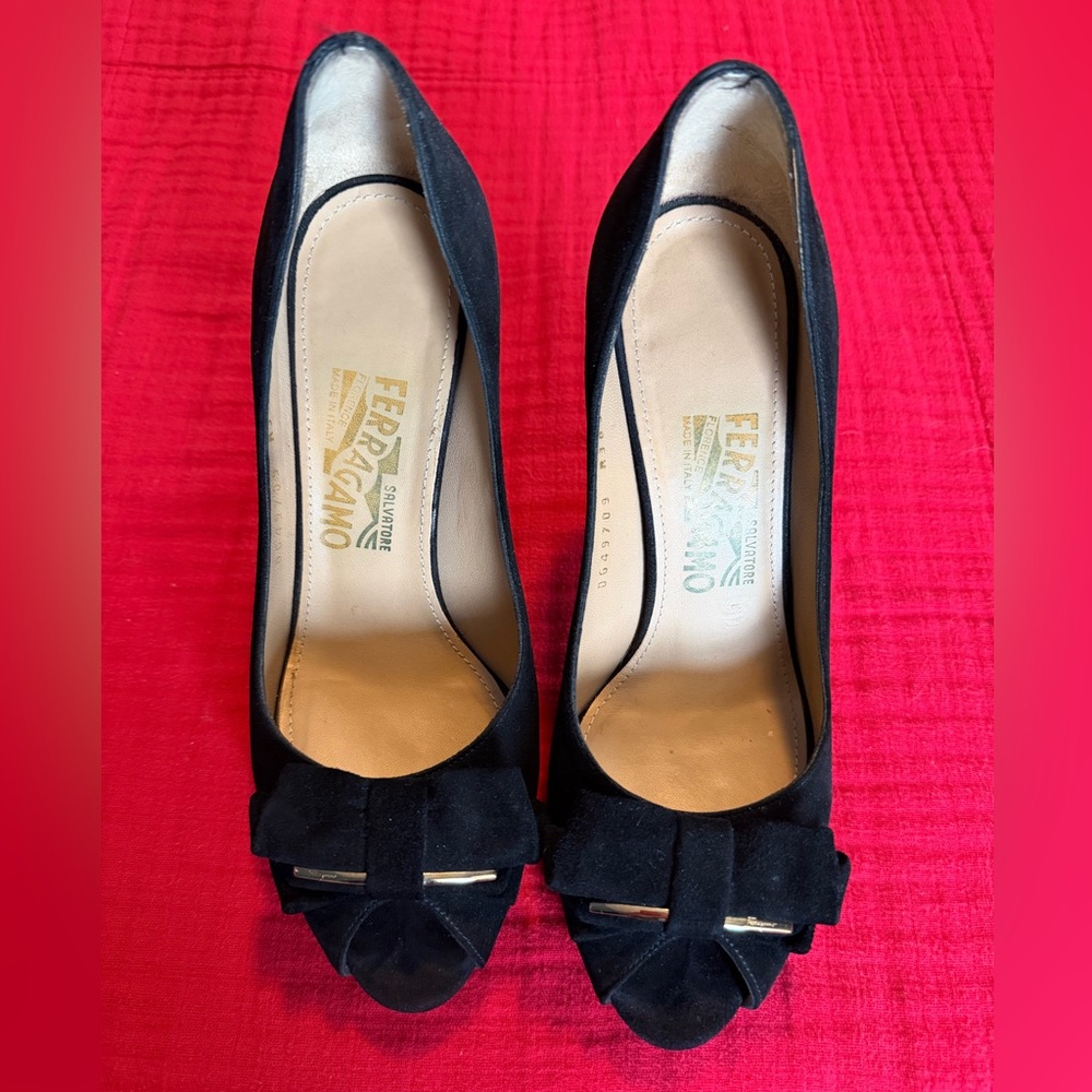 Salvatore Ferragamo Black Suede Bow Heels